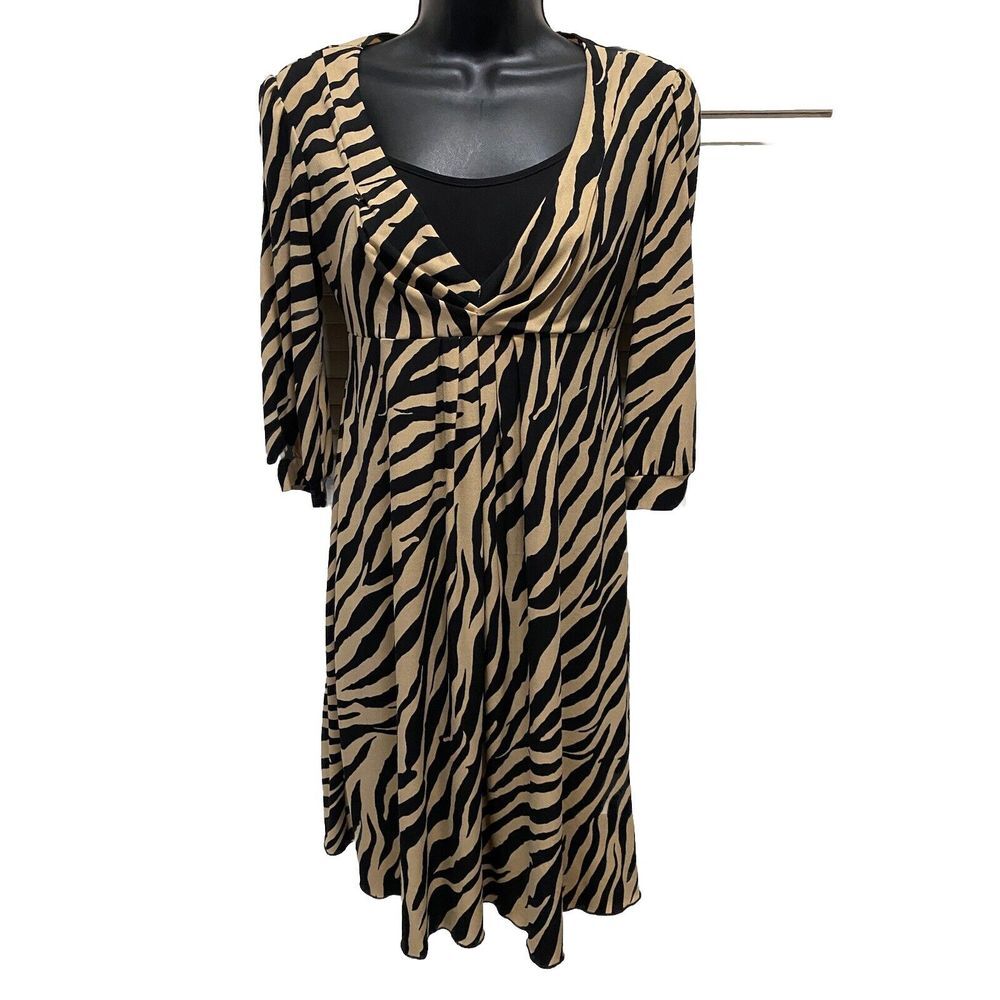 Style & Co NWT Petite Black Tan Tiger 3/4 Sleeve‎ Pleated V Neck Dress Size PM